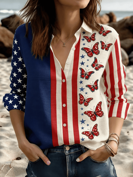 Women's American Patriotic Style Cotton Linen Printed Button-Down Shirt