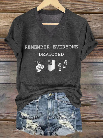 Women's On Fridays We Wear RED Remember Everyone Deployed Print V Neck T-shirt