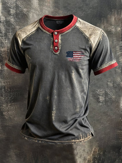 Men's Retro-Print, Color-Block "Patriot" Casual Short-Sleeve T-Shirt
