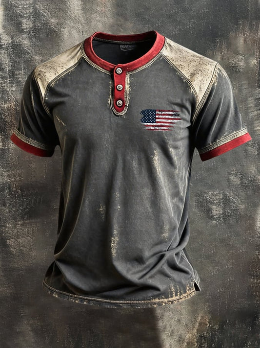 Men's Retro-Print, Color-Block "Patriot" Casual Short-Sleeve T-Shirt