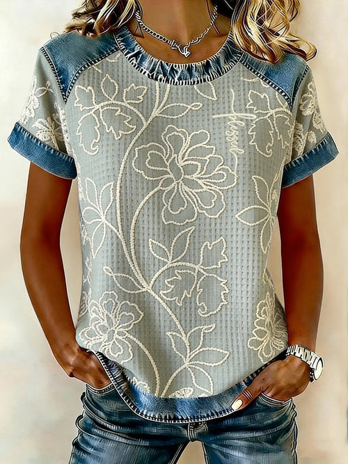 Women's Floral Print Faux Denim Casual Top