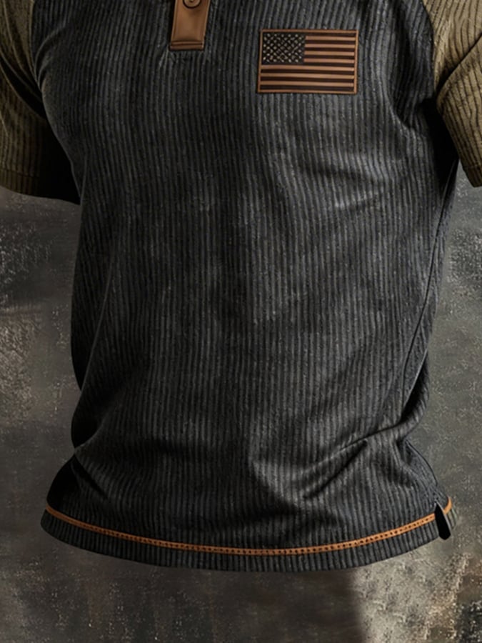 Men's Retro Ribbed Color-Block "Patriot" Polo-Collar Casual T-Shirt