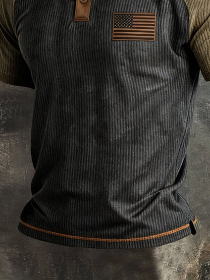 Men's Retro Ribbed Color-Block "Patriot" Polo-Collar Casual T-Shirt