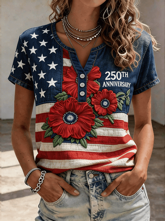 Women's 250th Anniversary American Distressed Print Casual Short-Sleeve T-Shirt