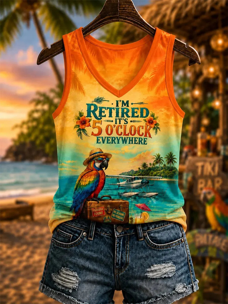 Women's I'm Retired It's 5 O'clock Everywhere Parrot Print Casual V-Neck Vest
