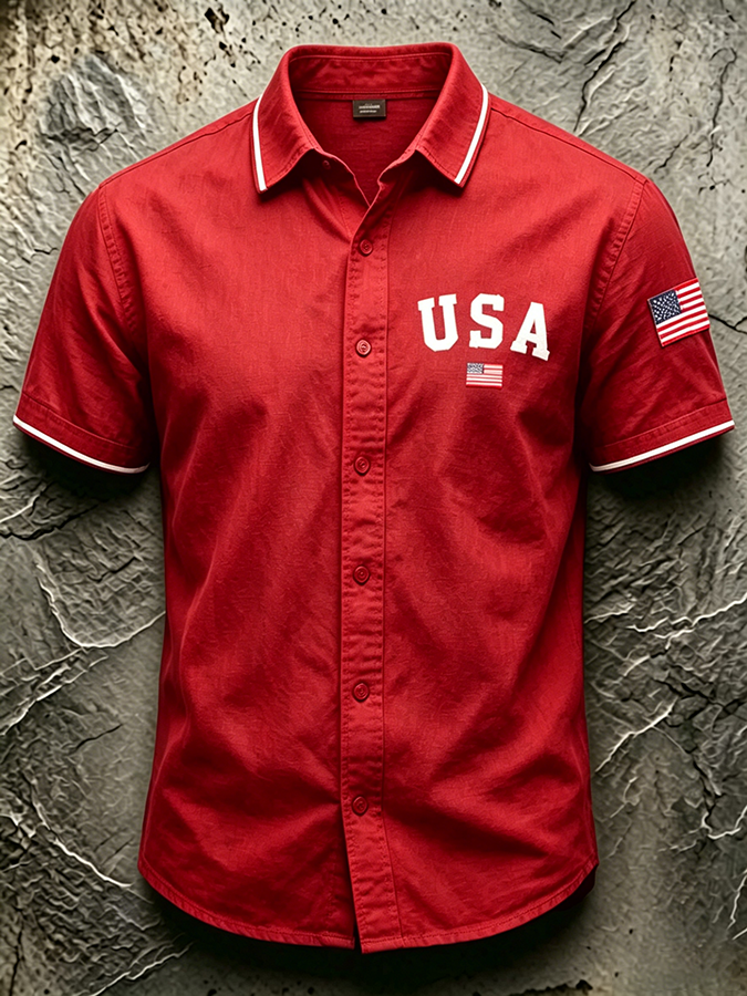 Men'S Casual USA Commemorative Printed Lapel Shirt