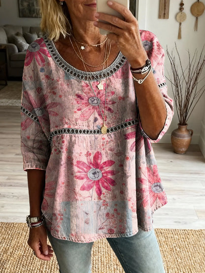🌸Women's Bohemian Vintage Floral Art Print Casual Round Neck Cutout Top