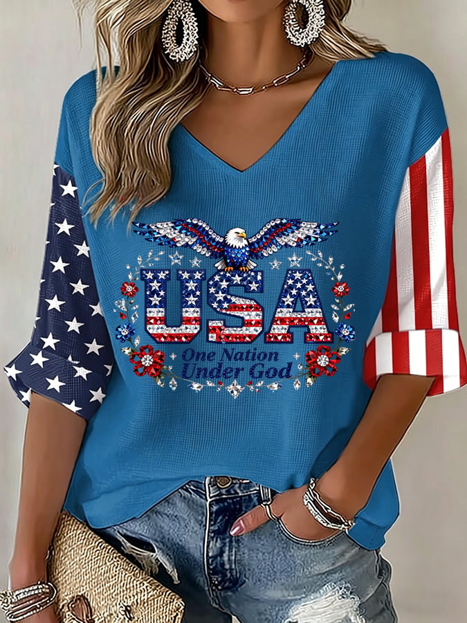 Women's USA 250 Years One Nation Under God Print V Neck Top