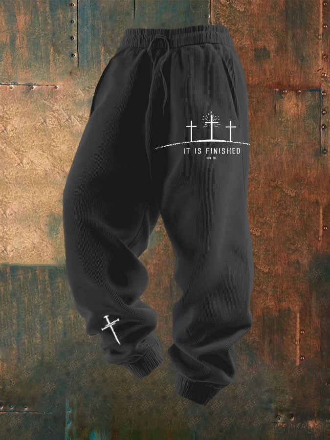 Men's It Is Finished Print Textured Casual Loose Sweatpants