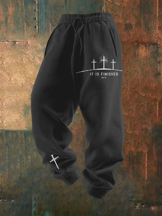 Men's It Is Finished Print Textured Casual Loose Sweatpants