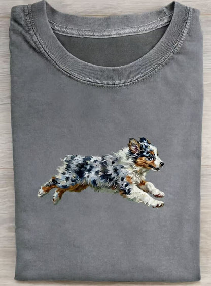 Funny Retro Cute Running Dog Art Print Casual Cotton Short Sleeve T-shirt