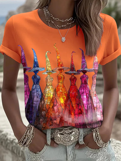 Women's Halloween Printed Round Neck T-Shirt