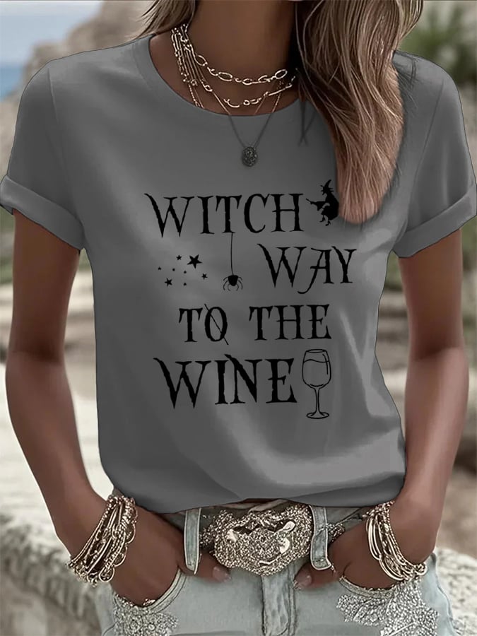 🔥HOT SALE🔥Women's Witch Way To The Wine Print Casual T-shirt