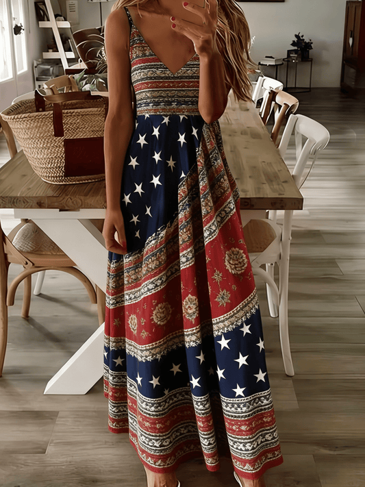 Women's 250th Anniversary American Flag Floral Vintage Patchwork Spaghetti Strap Dress