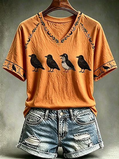 Women's Halloween Crow Print Casual T-shirt