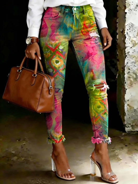 Women's Geometric Pattern Gradient Floral Print Ripped Skinny Jeans