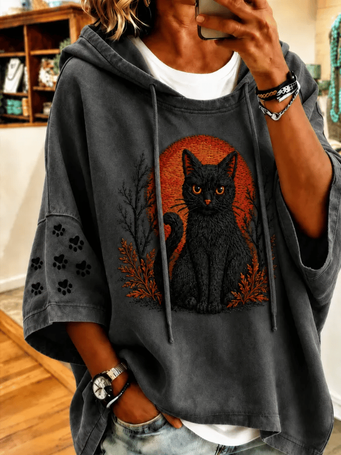 Women's Halloween Cat Print Hooded Sweatshirt