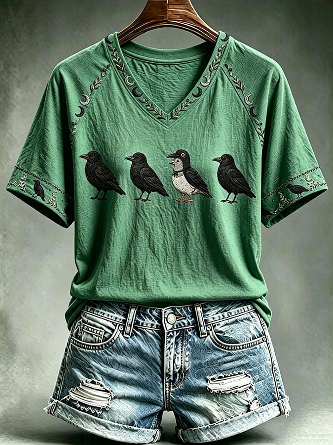 Women's Halloween Crow Print Casual T-shirt