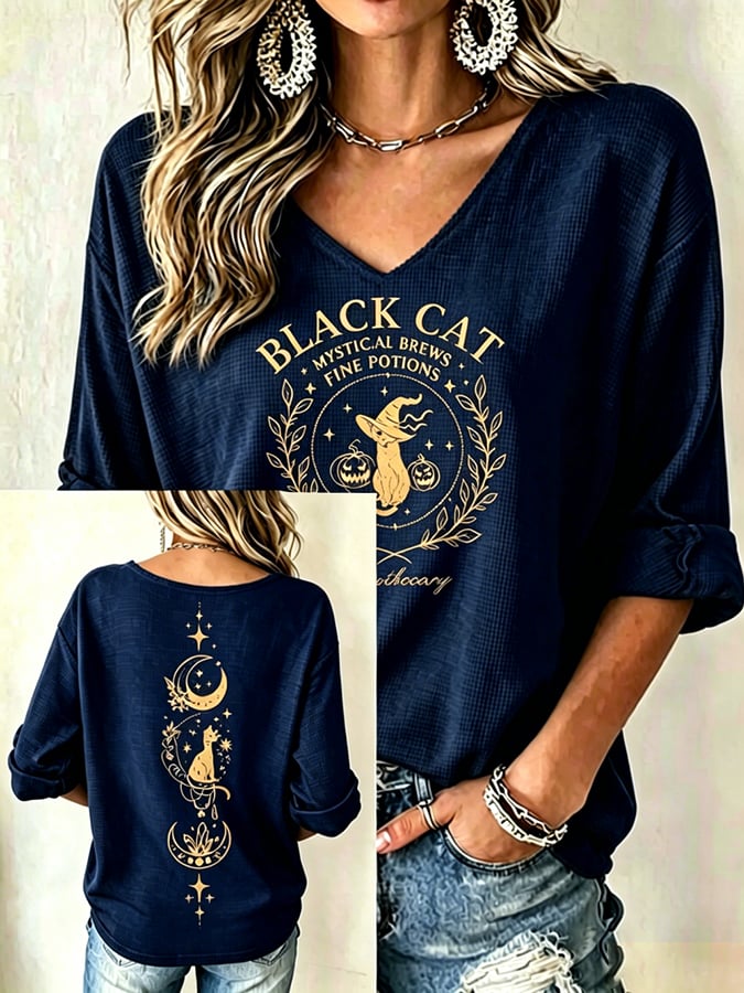 Women's Halloween Black Cat  Print short-sleeved T-shirt