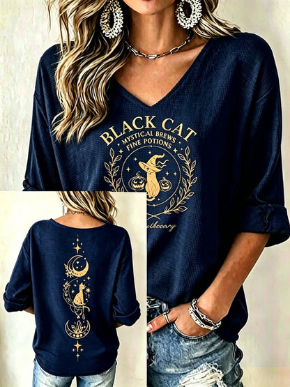 Women's Halloween Black Cat  Print short-sleeved T-shirt