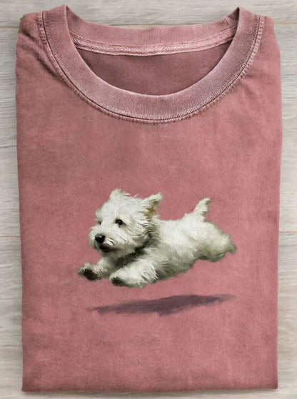 Funny retro Cute Running Dog Art Print Casual Cotton Short Sleeve T-shirt