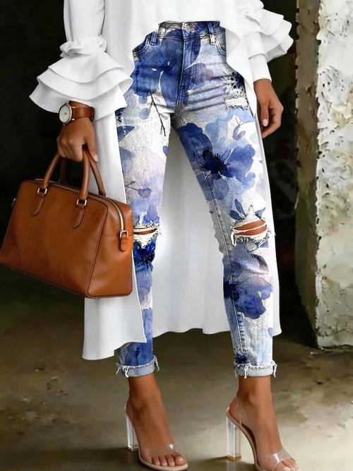 Women's Fashion Watercolor Floral Artistic Print Casual High-waisted Skinny Ripped Jeans