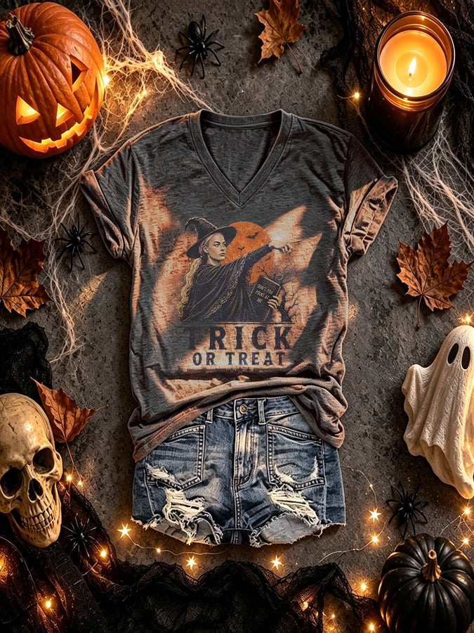 V-Neck Retro Funny Halloween Basketball Don't Point At Me Trick Or Treat Print T-Shirt