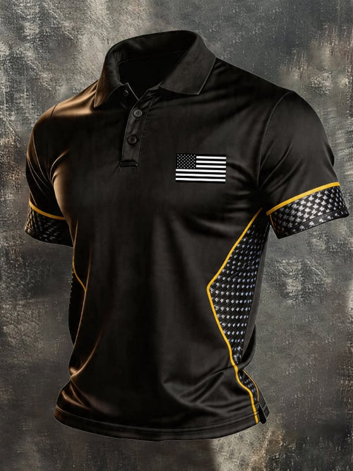 Men's Retro Patriotic Color-Block Short-Sleeve Polo Shirt