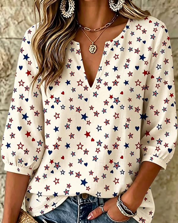 Contrasting Color Stars and Hearts Print V‑Neck 3/4 Sleeve Blouse