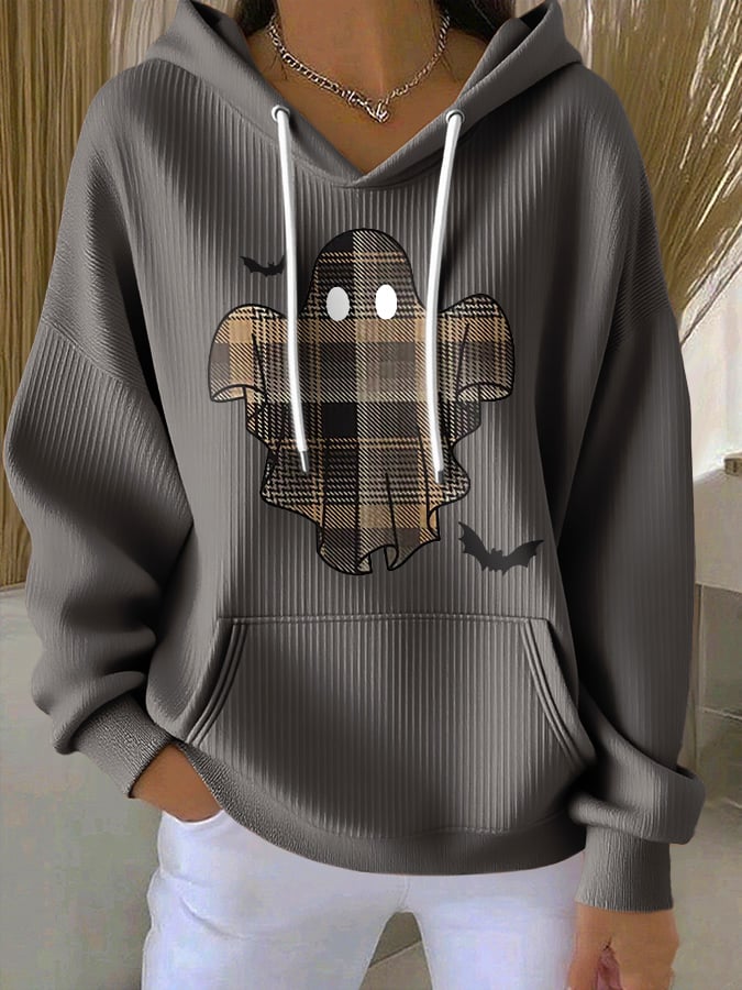 🔥HOT SALE🔥Retro Halloween Ghost & Bats Flannel Plaid Print Hoodie