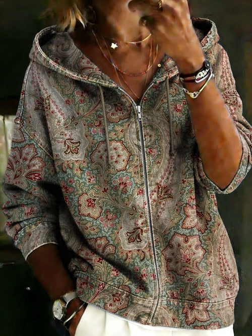 Women's Vintage Ethinic Casual Long Sleeve Denim Zipper Hoodie Coat