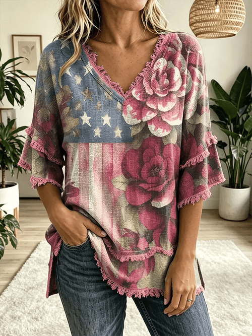 Women'S Casual Frayed-Edge Spliced Printed Top