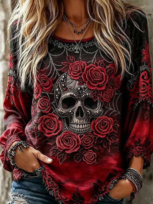 Women's Vintage Floral and Spider Print Halloween V-Neck Top
