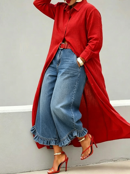 Women's Red Floral Ruffled Blue Denim Wide-leg Cropped Pants