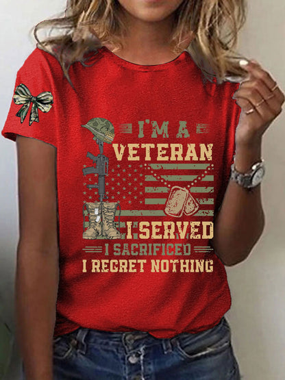 Women's Patriotic Veteran USA Flag Print T-Shirt