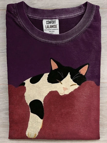 Funny Retro Cute Sleeping Cat Art Print Casual Cotton Short Sleeve T-shirt