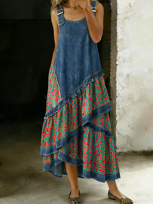 Women's Vintage Multicolor Polka Dots Sleeveless Multi-layered Ruffled Strap Dress