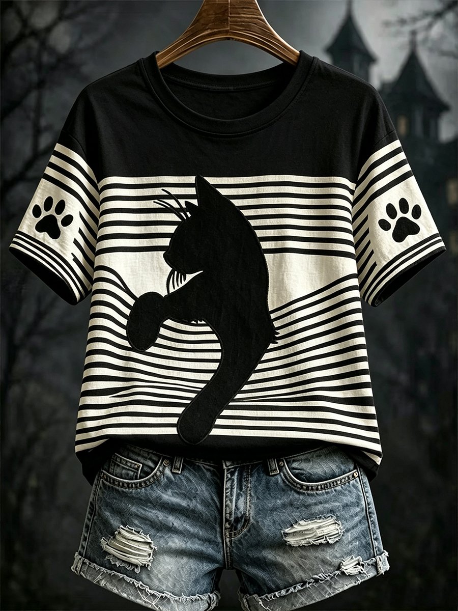 Women's Dark-Style Halloween Black Cat Print Short-Sleeve T-Shirt