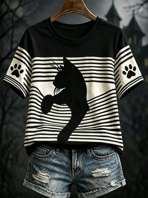 Women's Dark-Style Halloween Black Cat Print Short-Sleeve T-Shirt