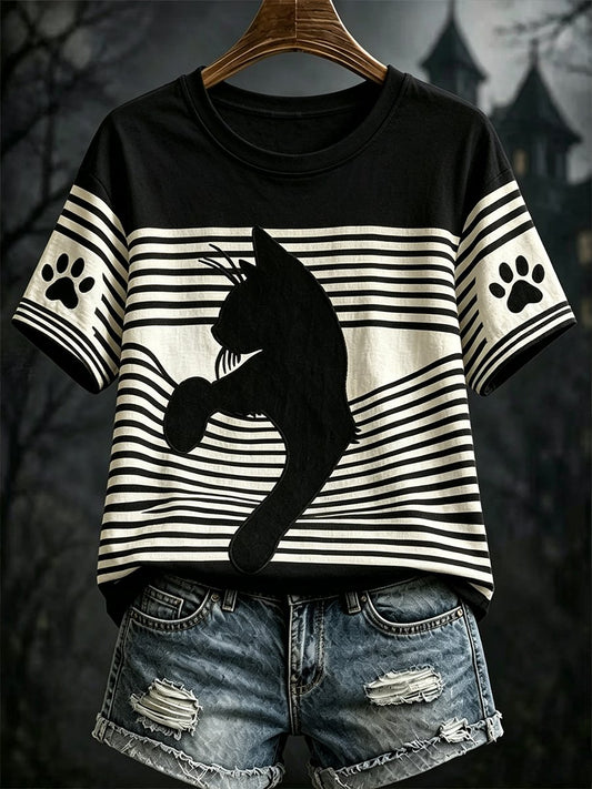 Women's Dark-Style Halloween Black Cat Print Short-Sleeve T-Shirt