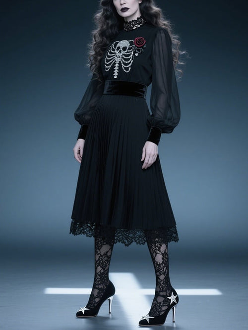 Women's Gothic Dark Skull Floral Print Dress