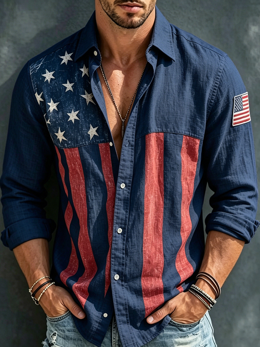 🔥Buy 3 Get 10% Off🔥Men's American Flag Independence Day Print Long Sleeve Shirt