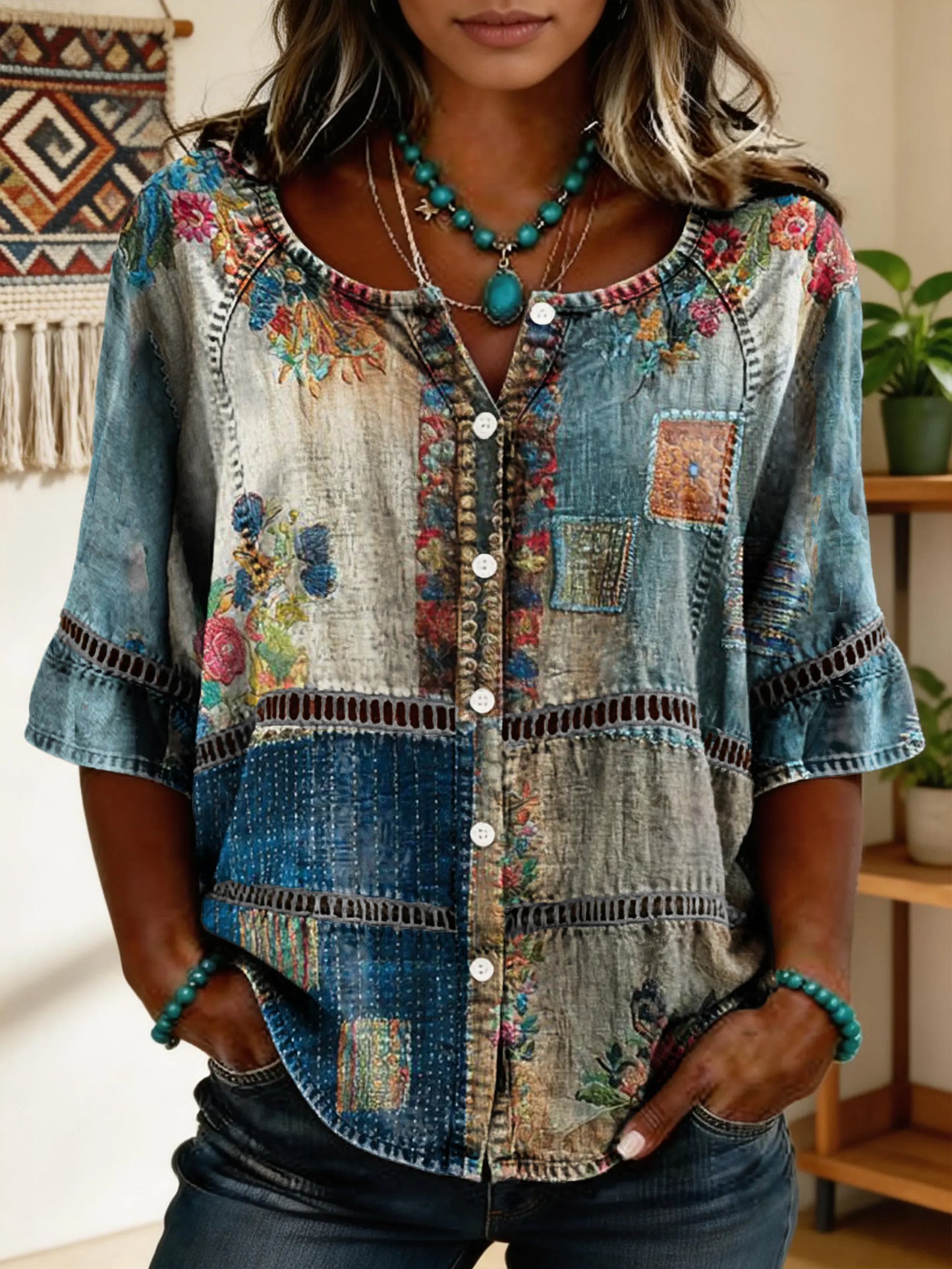 Women's Vintage Floral Art Print Lace-up Button-up Short-sleeve Shirt