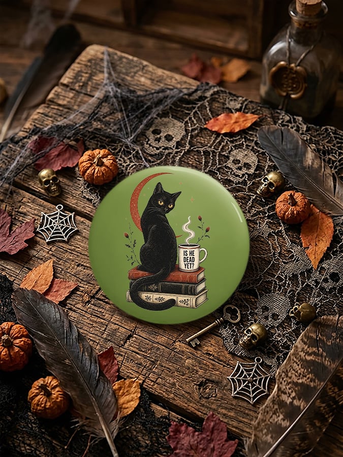 Unisex Retro Halloween Is He Dead Yet Black Cat Pin-Back Button