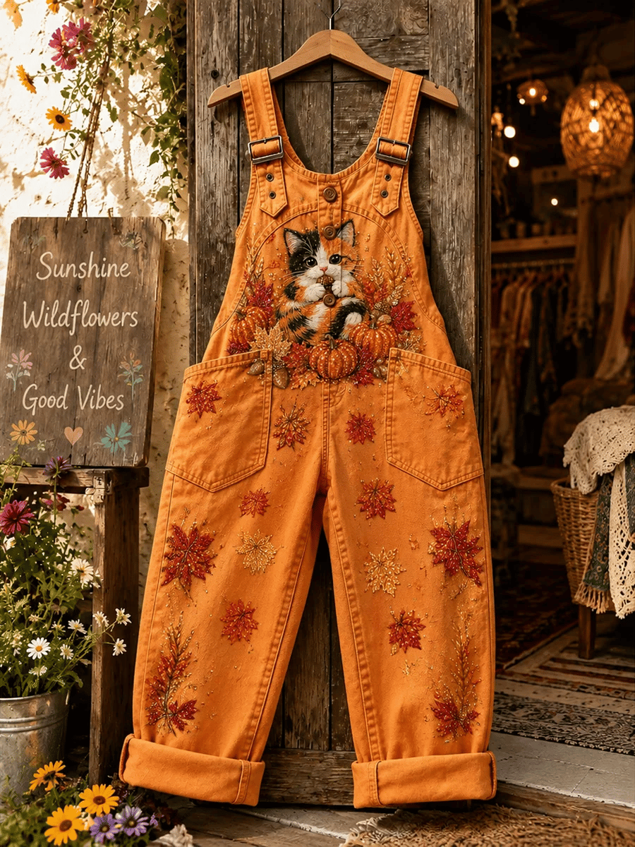 Women's Retro Style Art Print Washed Cotton Denim Patchwork Jumpsuit