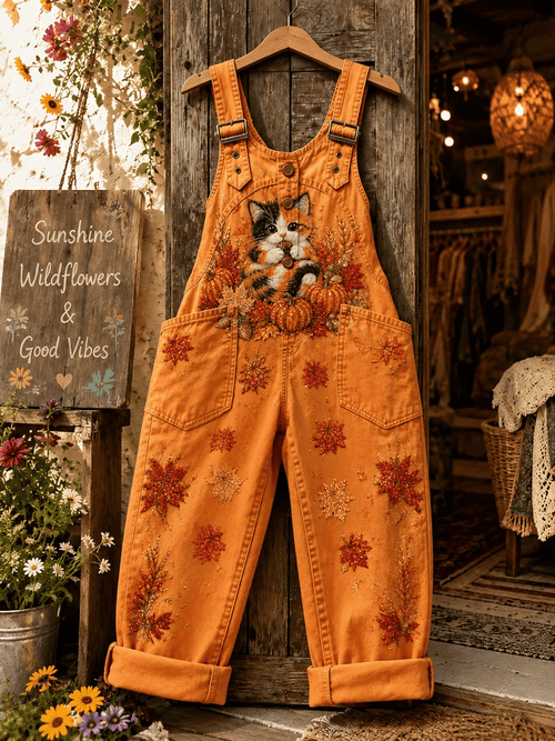 Women's Retro Style Art Print Washed Cotton Denim Patchwork Jumpsuit