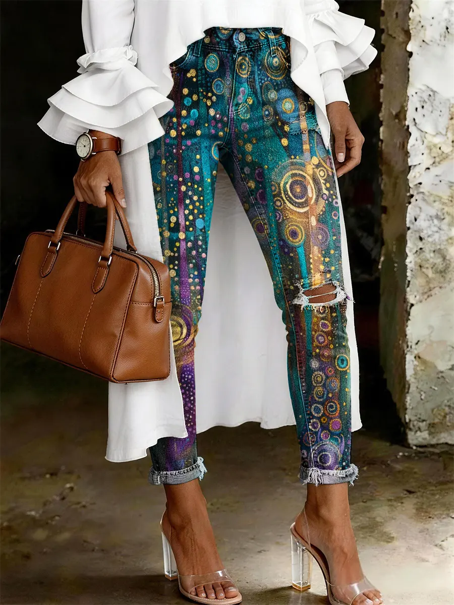 Women's Fashion Casual Floral Print Ripped Skinny Jeans