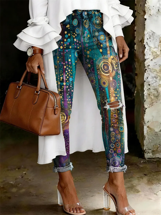 Women's Fashion Casual Floral Print Ripped Skinny Jeans