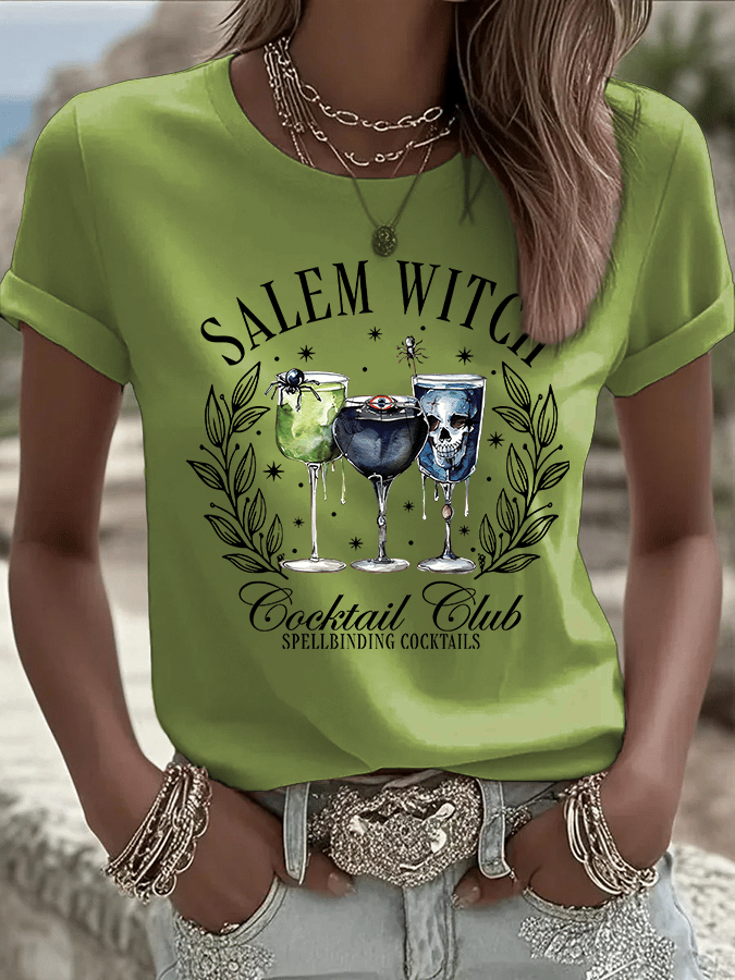 🔥HOT SALE🔥Women's Halloween Salem Witch Cocktail Club Spellbinding Cocktails Print Crew Neck T-Shirt