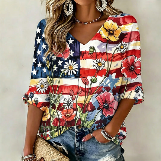 Women's Memorial Day Poppy Art Printed Casual Top